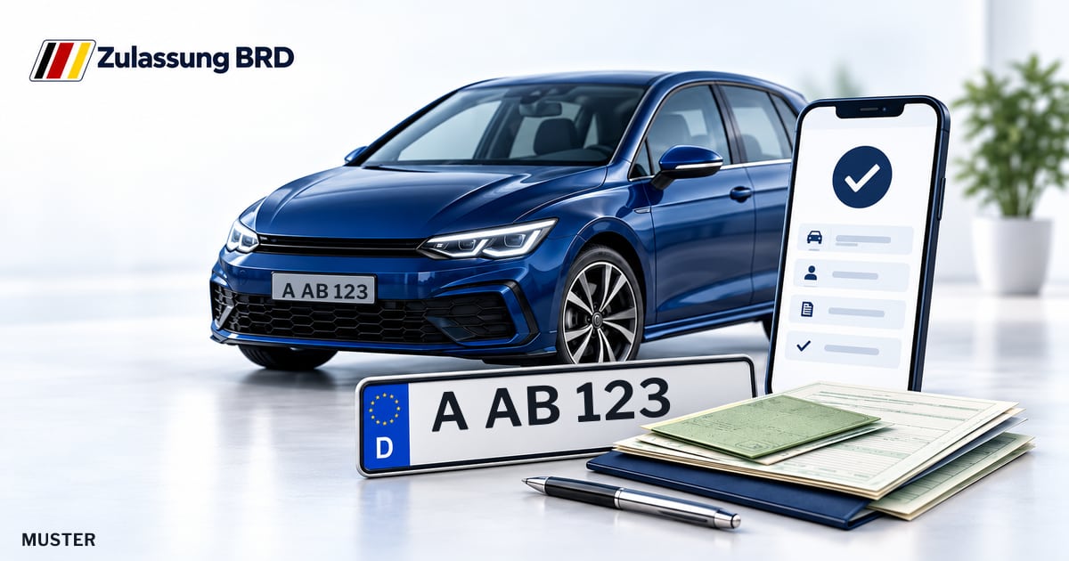 Online Fahrzeugzulassung in Neusäß: Musterkennzeichen A AB 123, Auto und Fahrzeugpapiere und Smartphone. Illustration mit Logo von Zulassung BRD.
